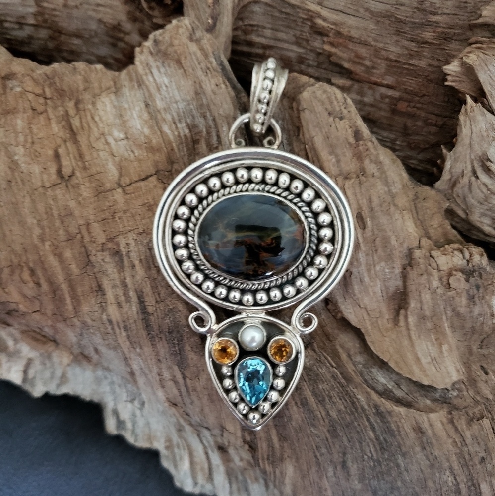Sterling silver Pietersite pendant with Blue Topaz